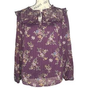 Fortune + Ivy PETITE SMALL Metallic Ruffle Tie Neck Sheer Arm Long Sleeve Blouse